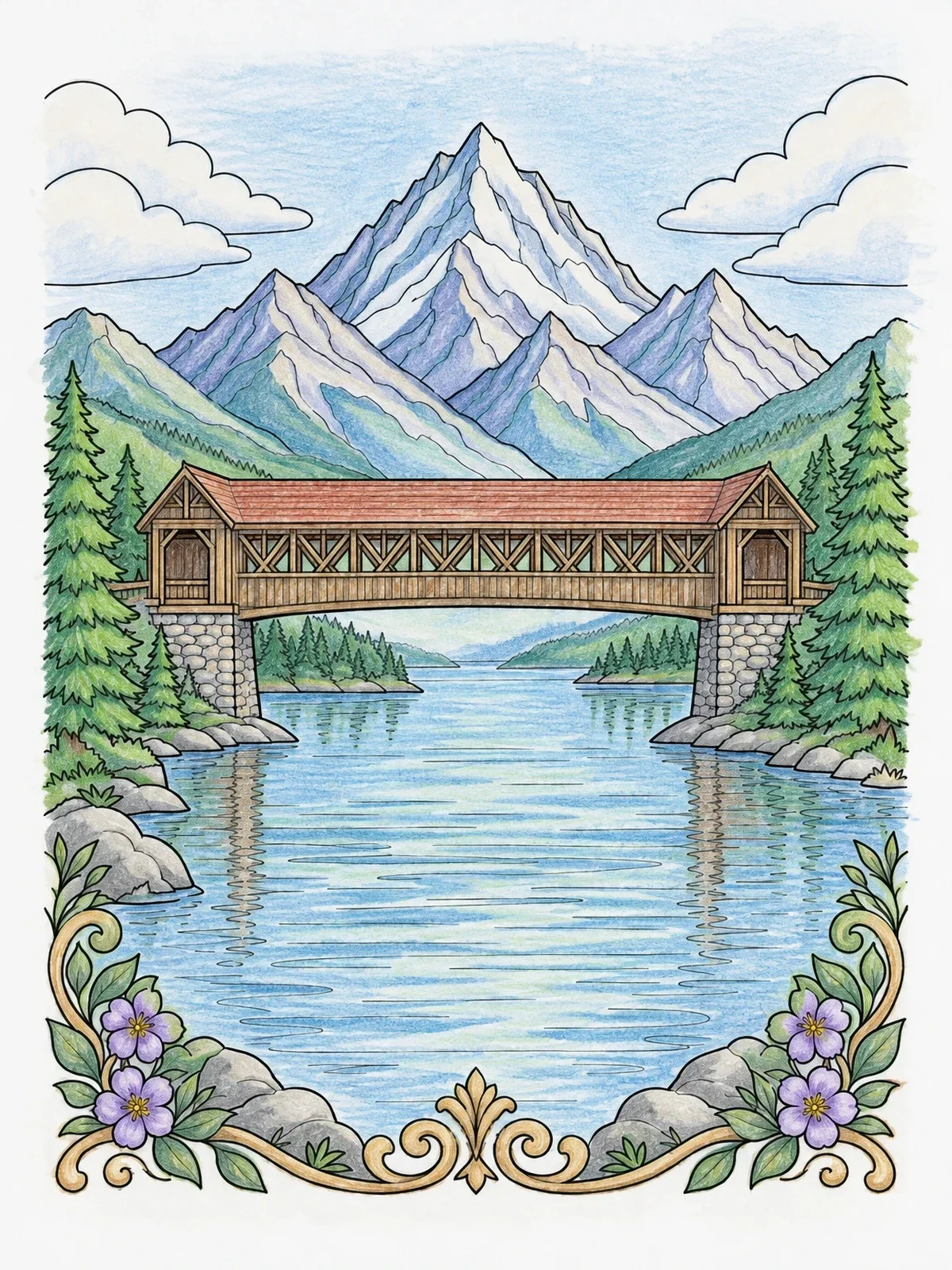 Colored example of the Covered Bridge Beneath Mountain Peaks coloring page