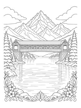 Scenic covered bridge coloring page with towering mountains and a calm lake.