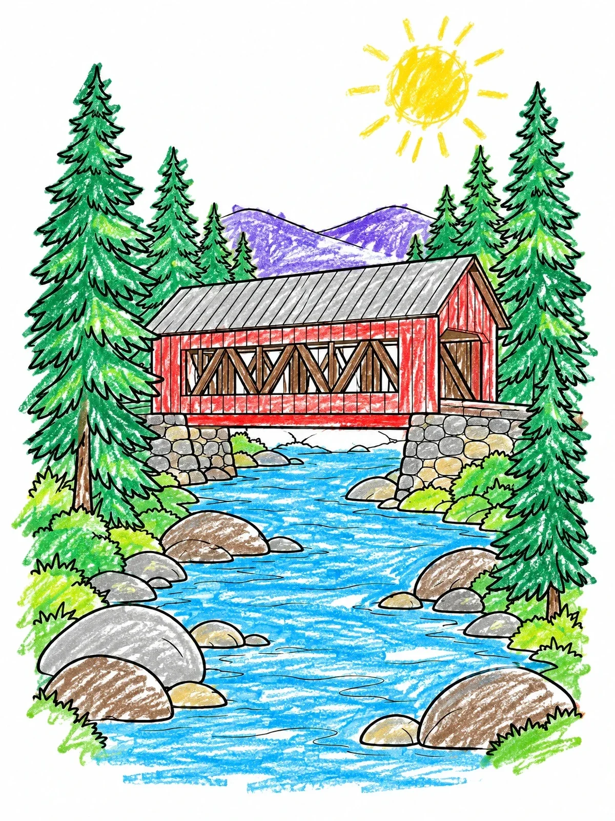 Colored example of the Covered Bridge Over Mountain River coloring page