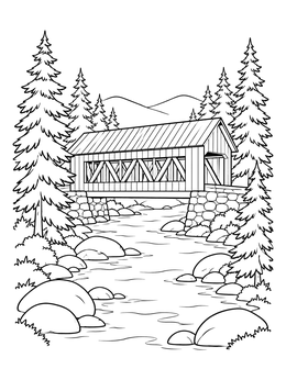 Free printable Covered Bridge Over Mountain River coloring page