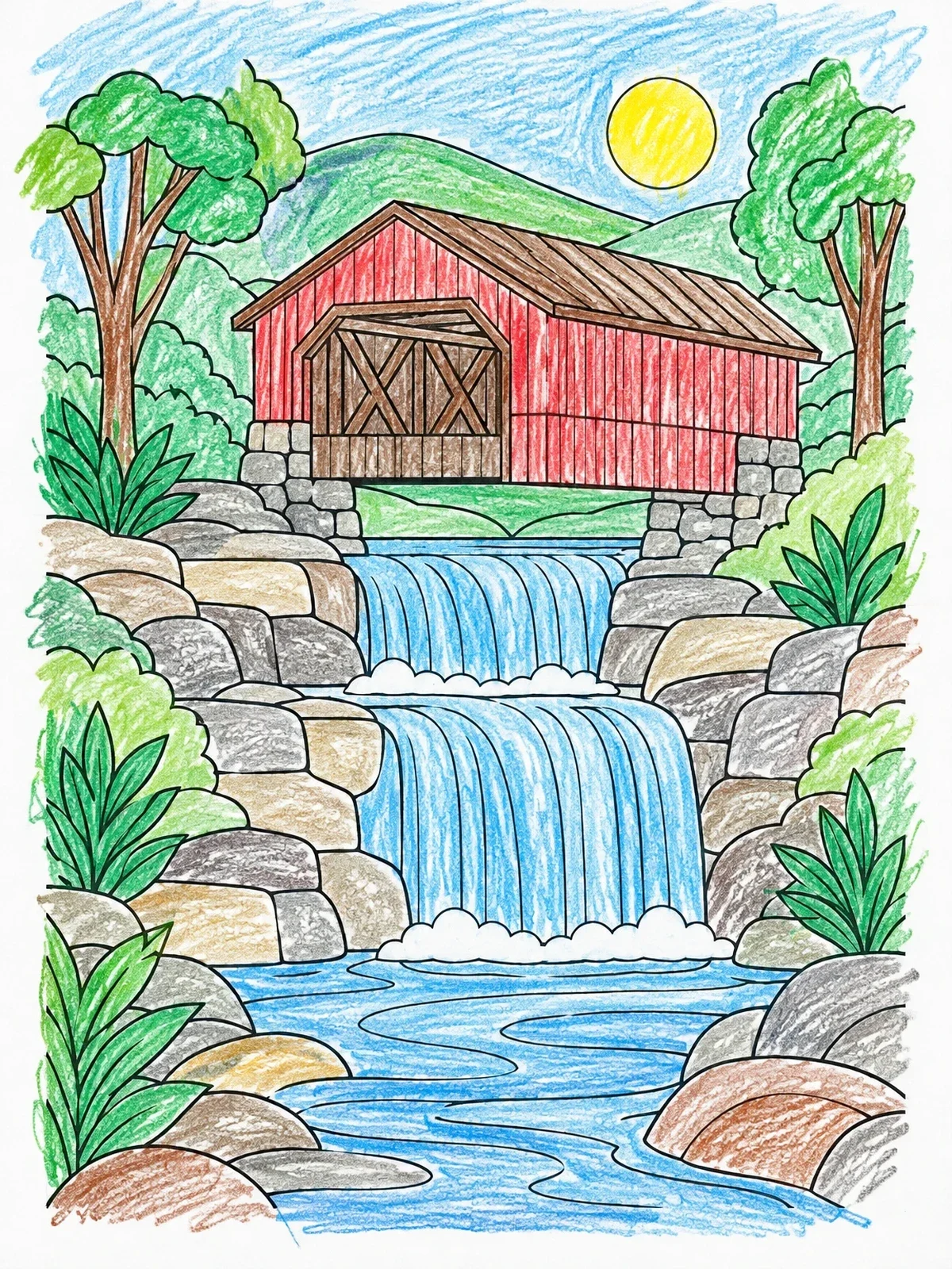 Colored example of the Covered Bridge Over Tiered Waterfall coloring page