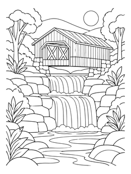 A rustic covered bridge coloring page above cascading rock waterfalls surrounded by lush nature.