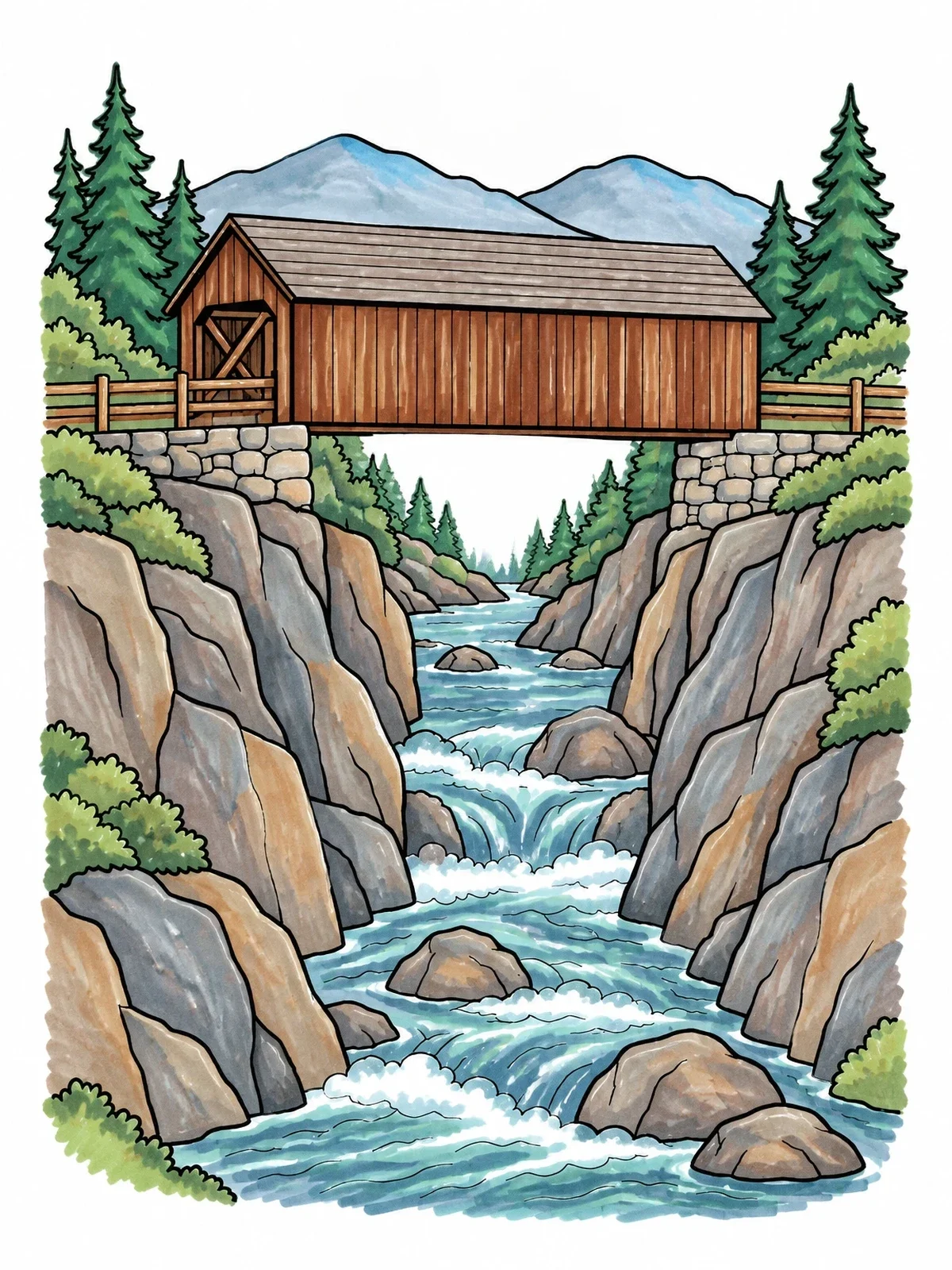 Colored example of the Covered Bridge Over Rocky Canyon coloring page