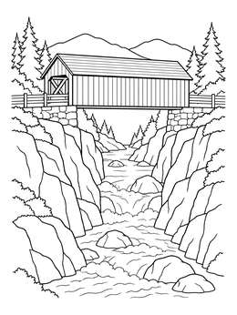 Free printable Covered Bridge Over Rocky Canyon coloring page
