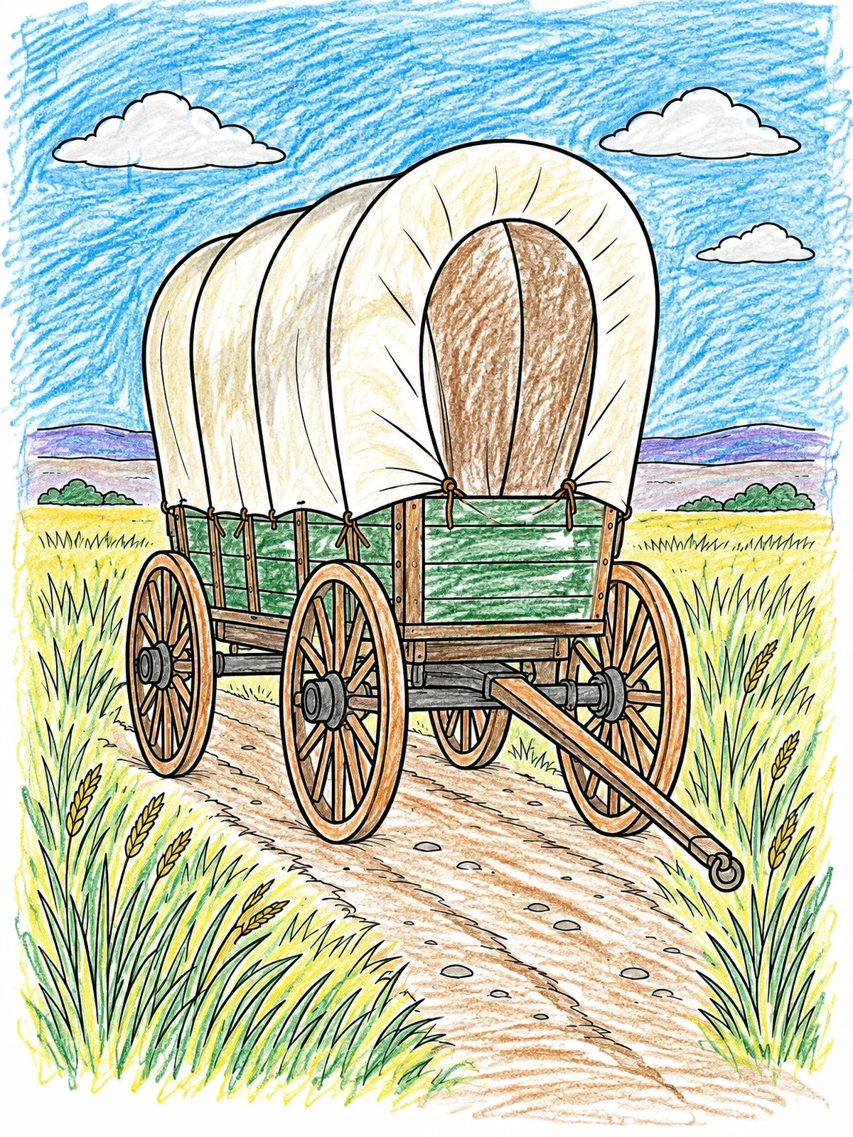 Colored example of the Covered Pioneer Wagon On Trail coloring page