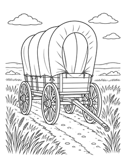 A vintage pioneer covered wagon rolling along a dirt trail in this prairie coloring page.
