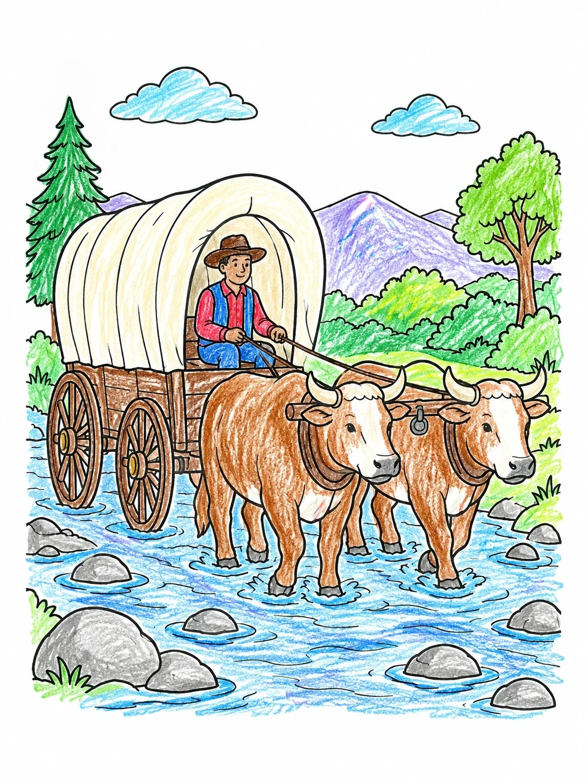 Colored example of the Covered Wagon Crossing A Stream coloring page