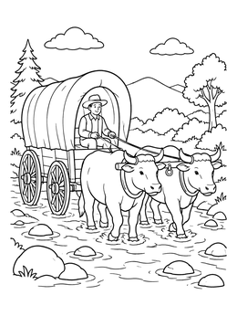 Free printable Covered Wagon Crossing A Stream coloring page
