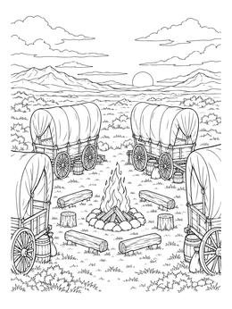 Free printable Covered Wagons Around Evening Campfire coloring page