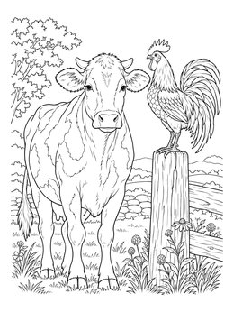 A friendly cow and rooster stand together in a detailed farm animals coloring page.