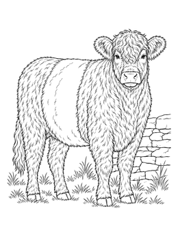 Fluffy Belted Galloway stands by a rustic wall in this cow coloring page.