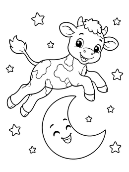 A cheerful baby cow coloring page jumping over a smiling crescent moon among stars.
