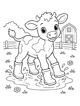 A cheerful baby cow coloring page showing a calf wearing boots in a mud puddle.
