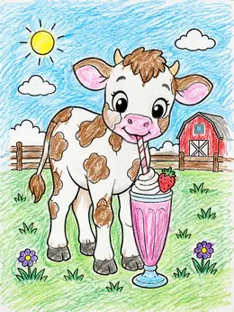 Shake Coloring Cute Calf Drinking Milkshake – Cow Coloring Page