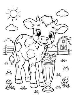 A cute cow coloring page showing a spotted calf drinking a strawberry milkshake on a sunny farm.