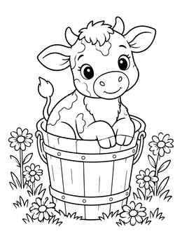 A sweet cow coloring page featuring a baby calf sitting in a wooden bucket among blooming daisies.