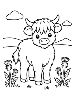 Free printable Cute Highland Calf In Meadow coloring page