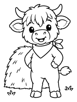 A cute highland cow coloring page featuring a smiling calf with a bandana.