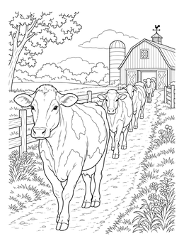 A line of dairy cows walks along a dirt path toward a red barn in this cow coloring page.