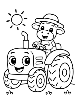 Free printable Happy Cow Driving A Friendly Tractor coloring page