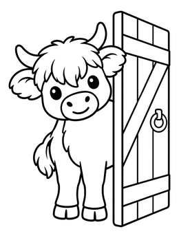 A cute cow coloring page of a fluffy highland calf peeking from behind an open wooden barn door.