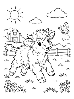 A fluffy little calf playing outdoors in this cute cow coloring page.