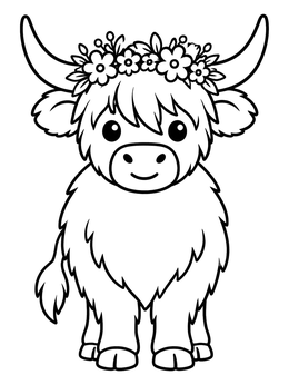 Free printable Fluffy Highland Calf With Flower Crown coloring page