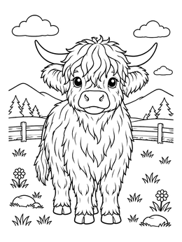 A fluffy young highland cow coloring page in a sunny meadow.
