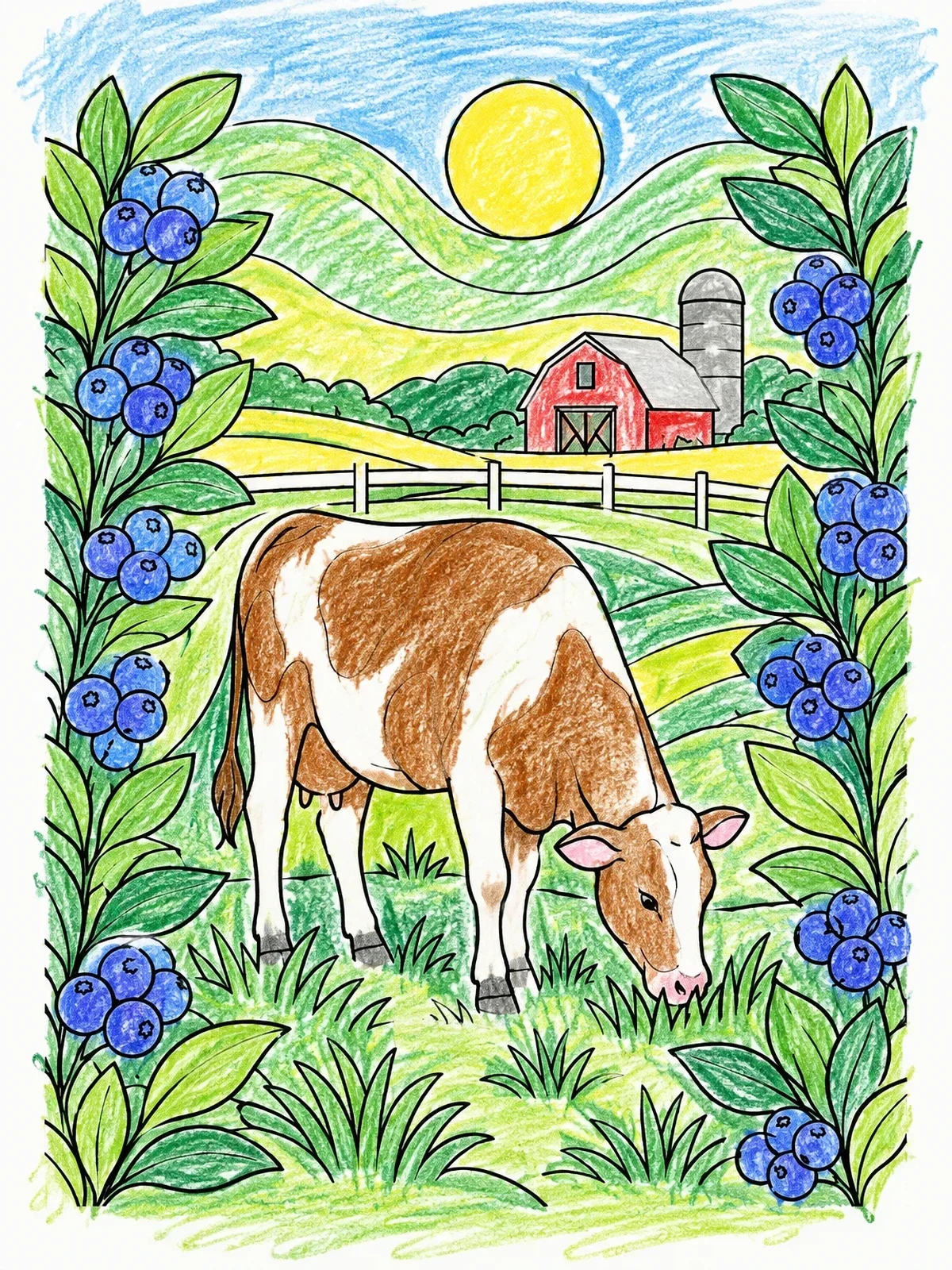 Colored example of the Cow Grazing By Blueberry Bushes coloring page