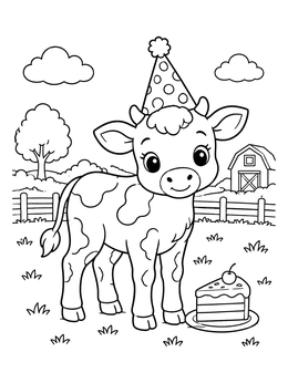 A cute cow coloring page featuring a calf in a party hat next to birthday cake.
