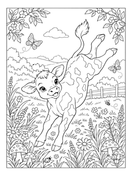 Free printable Playful Calf Frolicking In Meadow coloring page