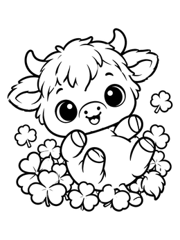 A joyful baby cow coloring page showing a fluffy highland calf rolling in clover leaves.