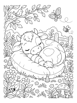 A cute cow coloring page showing a baby calf sleeping peacefully on a cushion in a garden.