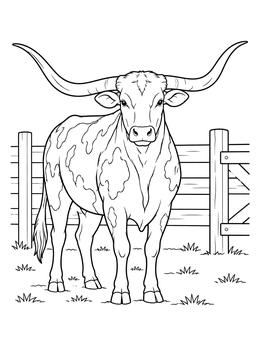 A majestic steer stands in front of a corral in this cow coloring page.