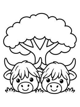 A sweet cow coloring page showing two fluffy highland calves peeking out under a leafy tree.