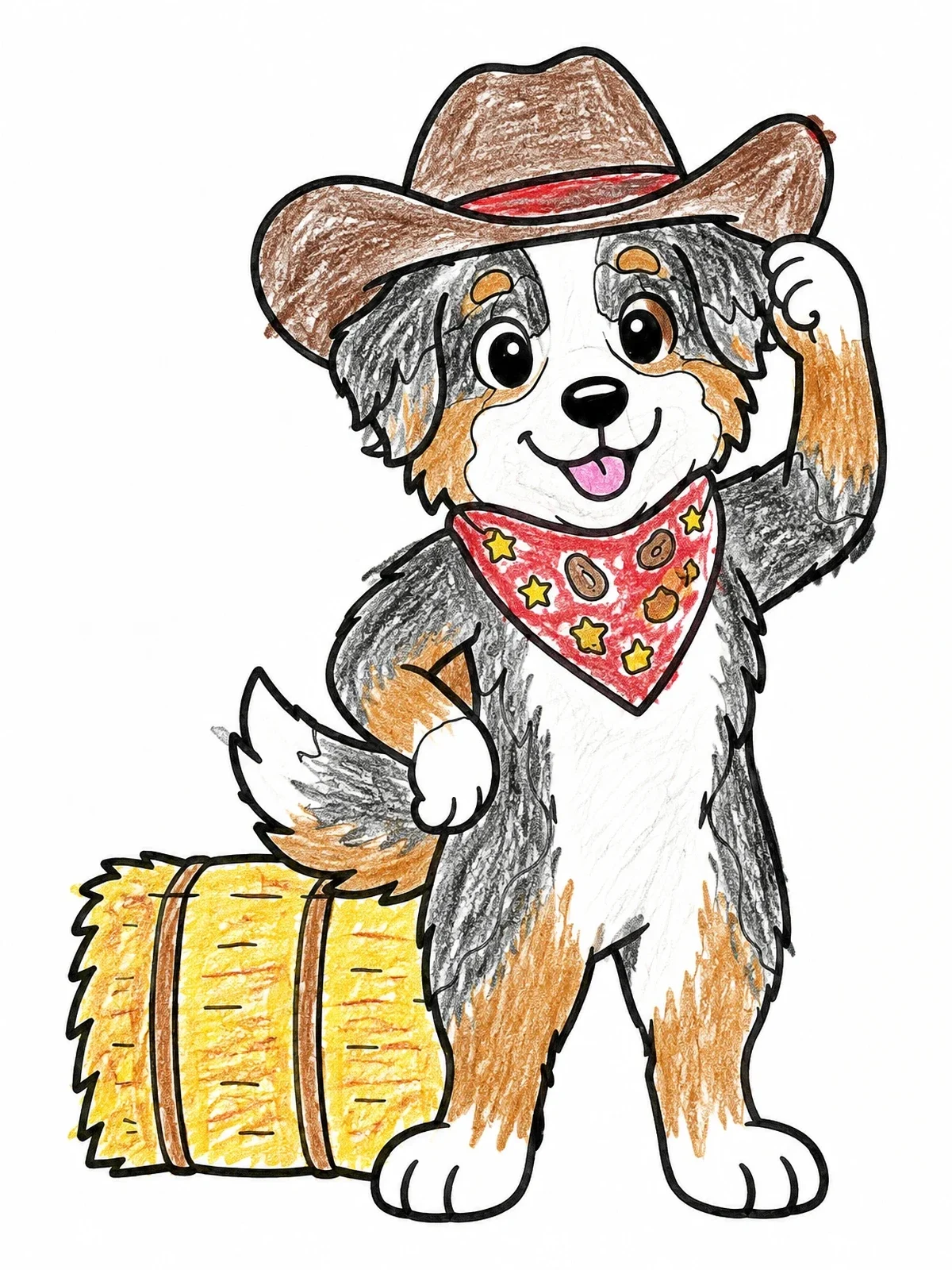 Colored example of the Cowboy Australian Shepherd With Hay Bale coloring page