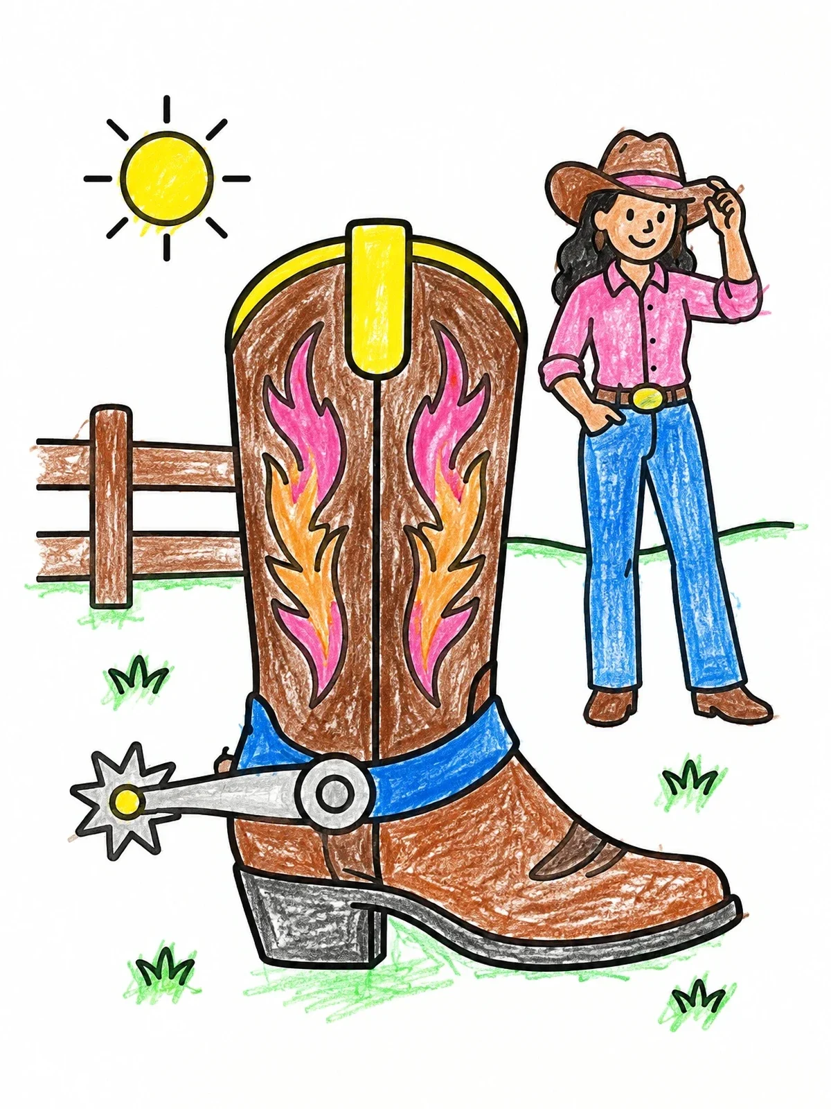 Colored example of the Cowboy Boot And Cowgirl coloring page