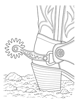 A close-up cowboy coloring page featuring a detailed boot heel with an ornate spur.