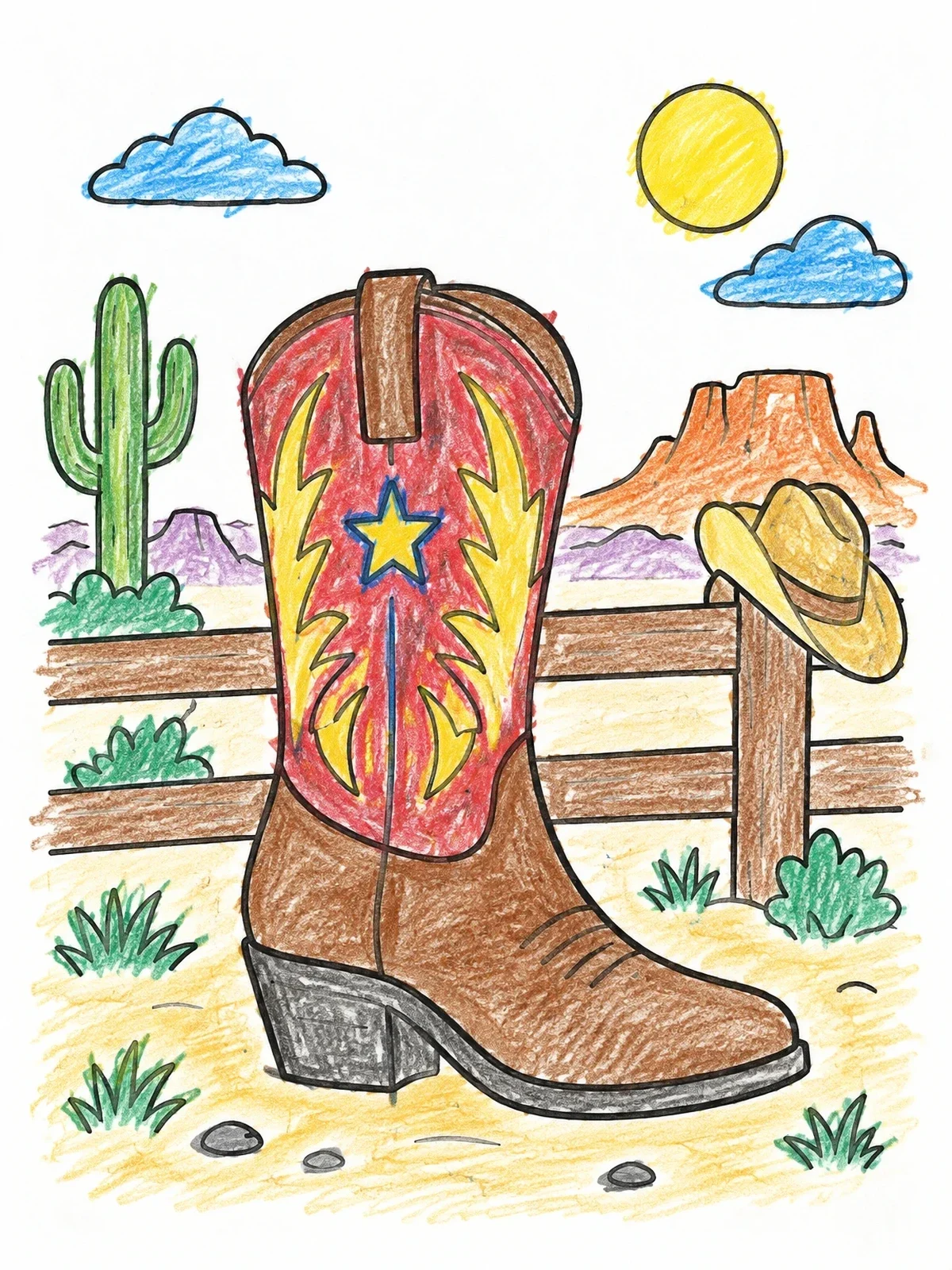 Colored example of the Cowboy Boot In Desert Landscape coloring page