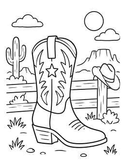 Free printable Cowboy Boot In Desert Landscape coloring page