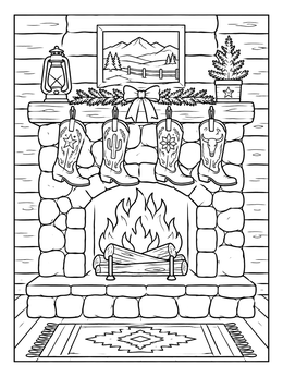 Cozy stone fireplace in a cowboy christmas coloring page with boot stockings hanging from the mantel.