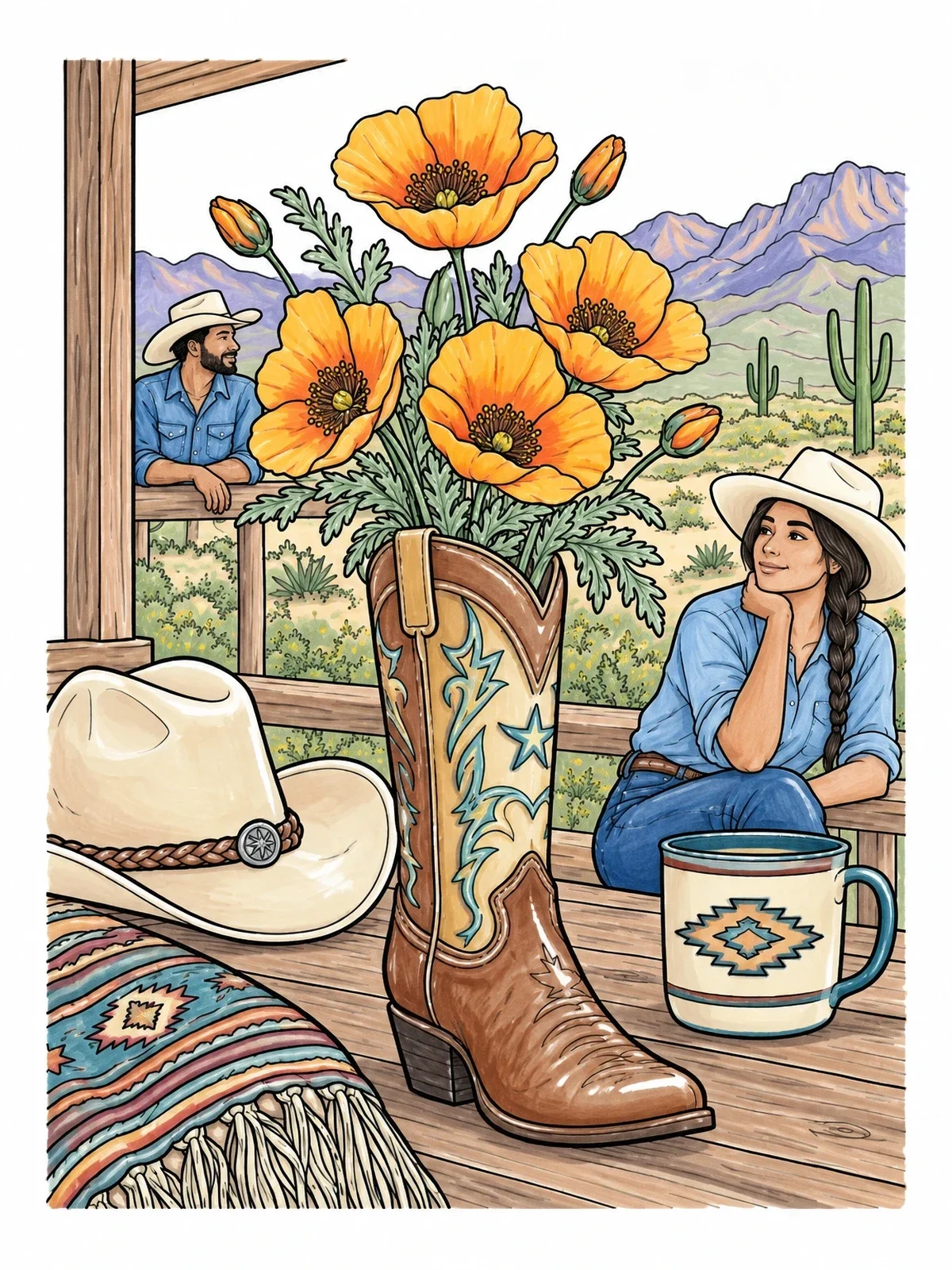Colored example of the Cowboy Boot Vase With Desert Poppies coloring page