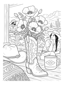 A rustic cowboy boot filled with poppies on a porch in this detailed cowboy coloring page.