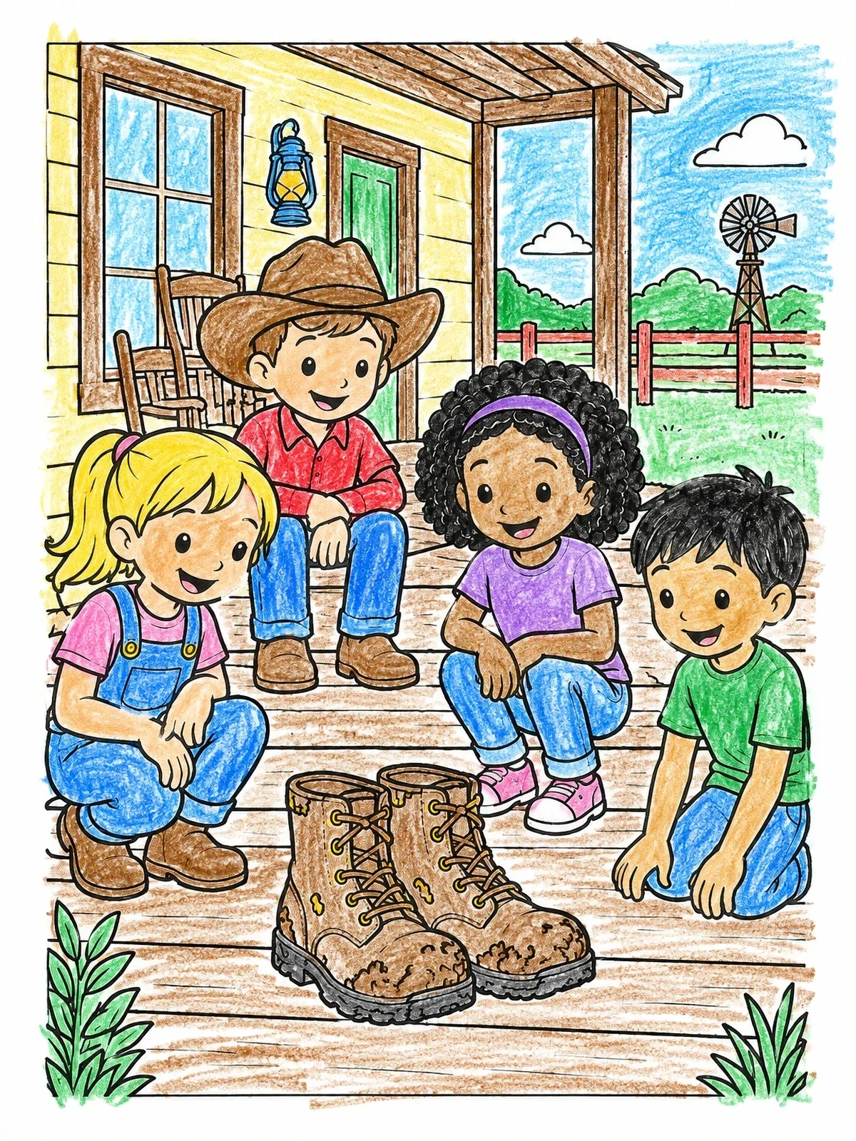Colored example of the Children On The Ranch Porch coloring page