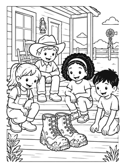 A sweet cowboy coloring page with kids looking at muddy boots on a ranch porch.