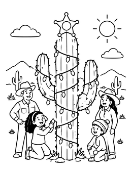 Free printable Family Decorating A Christmas Cactus coloring page