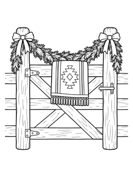 A decorated ranch gate in a cowboy christmas coloring page with garland and blanket.