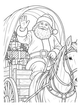 Santa waving from a wagon full of gifts on this cowboy christmas coloring page.