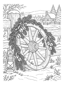 A rustic cowboy christmas coloring page showing a decorated wagon wheel and lantern in the snow.