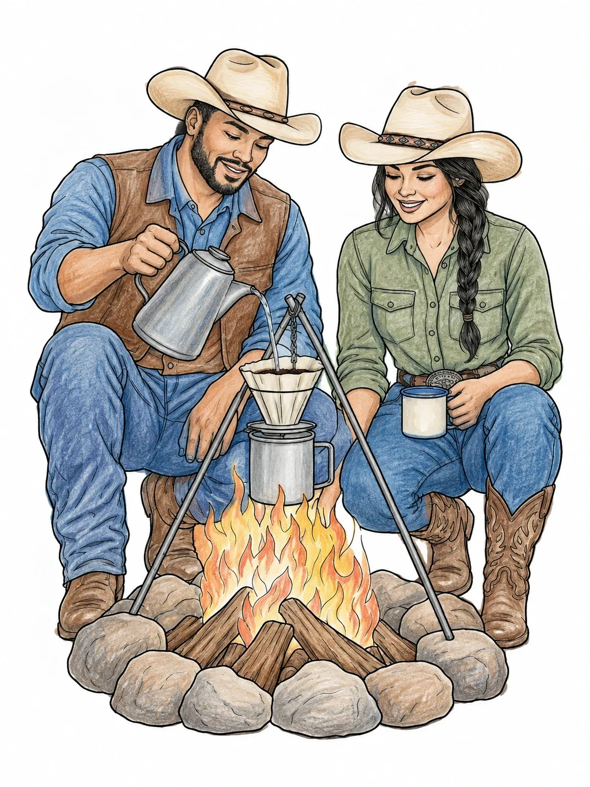 Colored example of the Campfire Coffee With Cowboy And Cowgirl coloring page